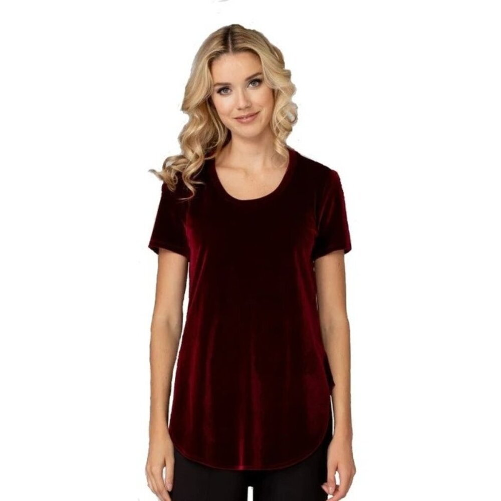 Joseph Ribkoff Burgundy Velvet Curved Hem Short Sleeve Top Womens Size 8